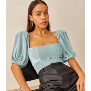Reformation Luka Velvet Top In Sky Light Blue